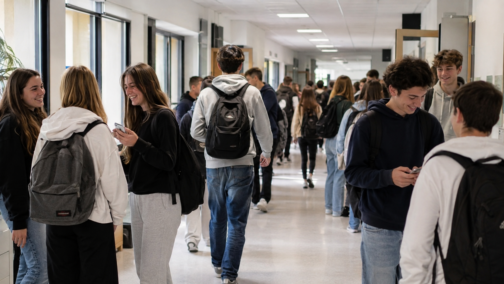 Lycéens dans un couloir de lycée, smartphones à la main entre deux cours