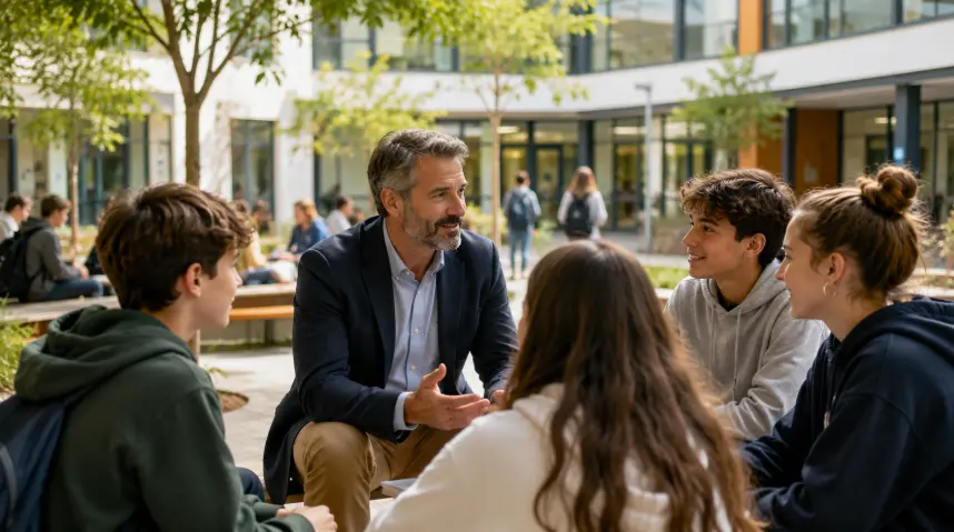 Un chef d'établissement échange avec des élèves dans la cour du collège
