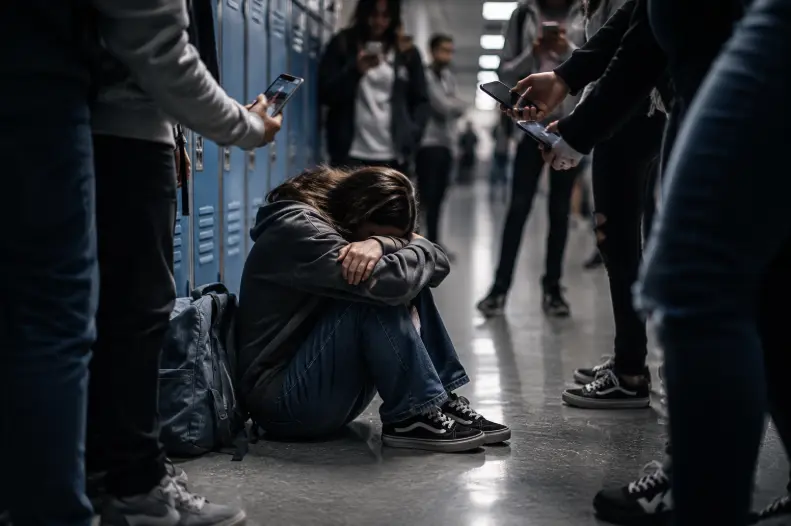 Une élève isolée dans un couloir tandis que d'autres filment avec leur smartphone