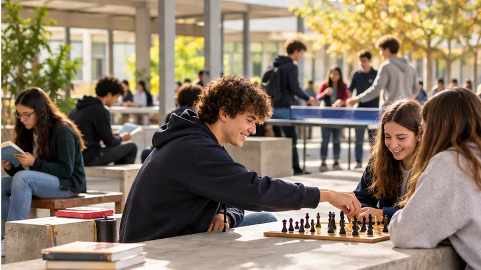 Dans la cour du lycée, des élèves jouent aux échecs, au ping-pong ou lisent pendant la pause, sans téléphone en main
