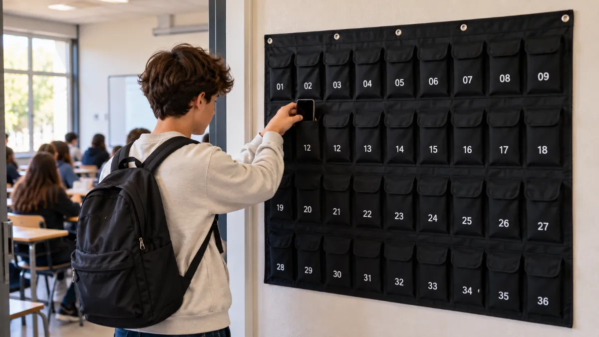 À l’entrée de la classe, un lycéen range son téléphone dans un panneau mural de 36 pochettes numérotées