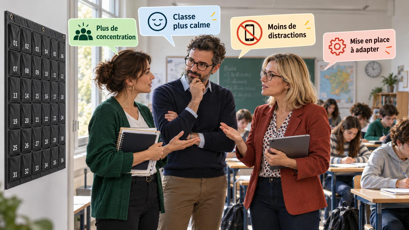 Dans une salle de classe de lycée, trois enseignants échangent près d’un panneau mural de 36 pochettes à téléphones ; des bulles résument leurs retours : plus de concentration, classe plus calme, moins de distractions, mise en place à adapter