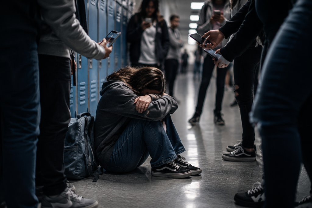 Une élève isolée dans un couloir tandis que d’autres filment avec leur smartphone