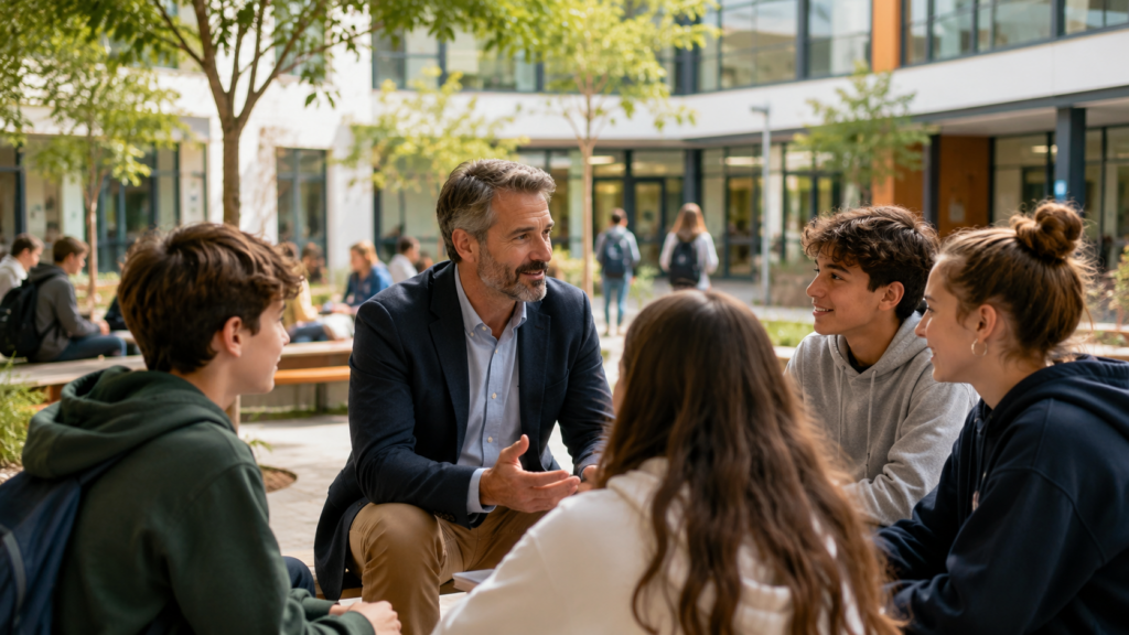 Un chef d’établissement échange avec des élèves dans la cour du collège