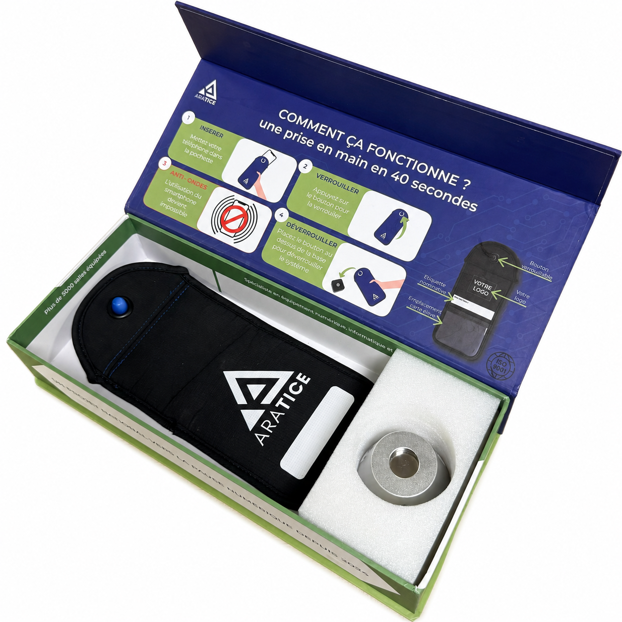 Kit démo Aratice — coffret ouvert présentant la pochette anti-ondes et la base magnétique
